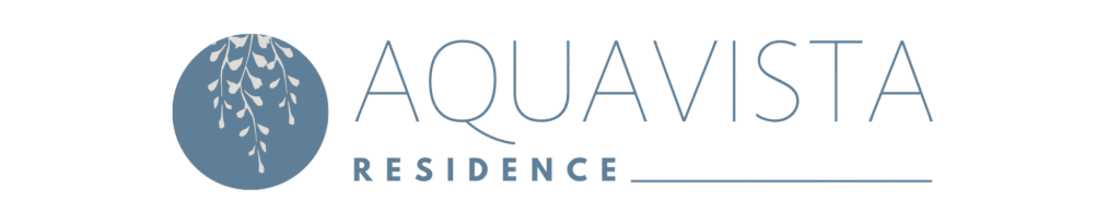 AQUAVISTA Residence logo with stylised wisteria branches in a blue circle